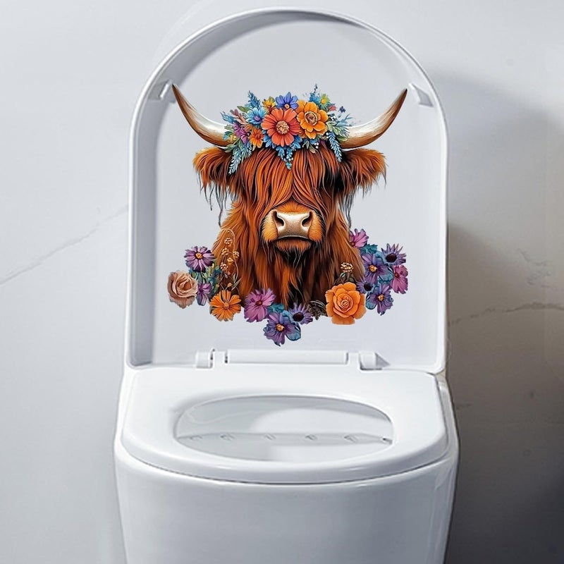Iprokiu Funny Animal Toilet Seat Cover Decal Waterproof Cartoon Dog Cat Toilet Seat Lid Sticker Dinosaur Duck Washroom Bathroom Decal Home Wall Sticker (Highland Cow) - Image 1